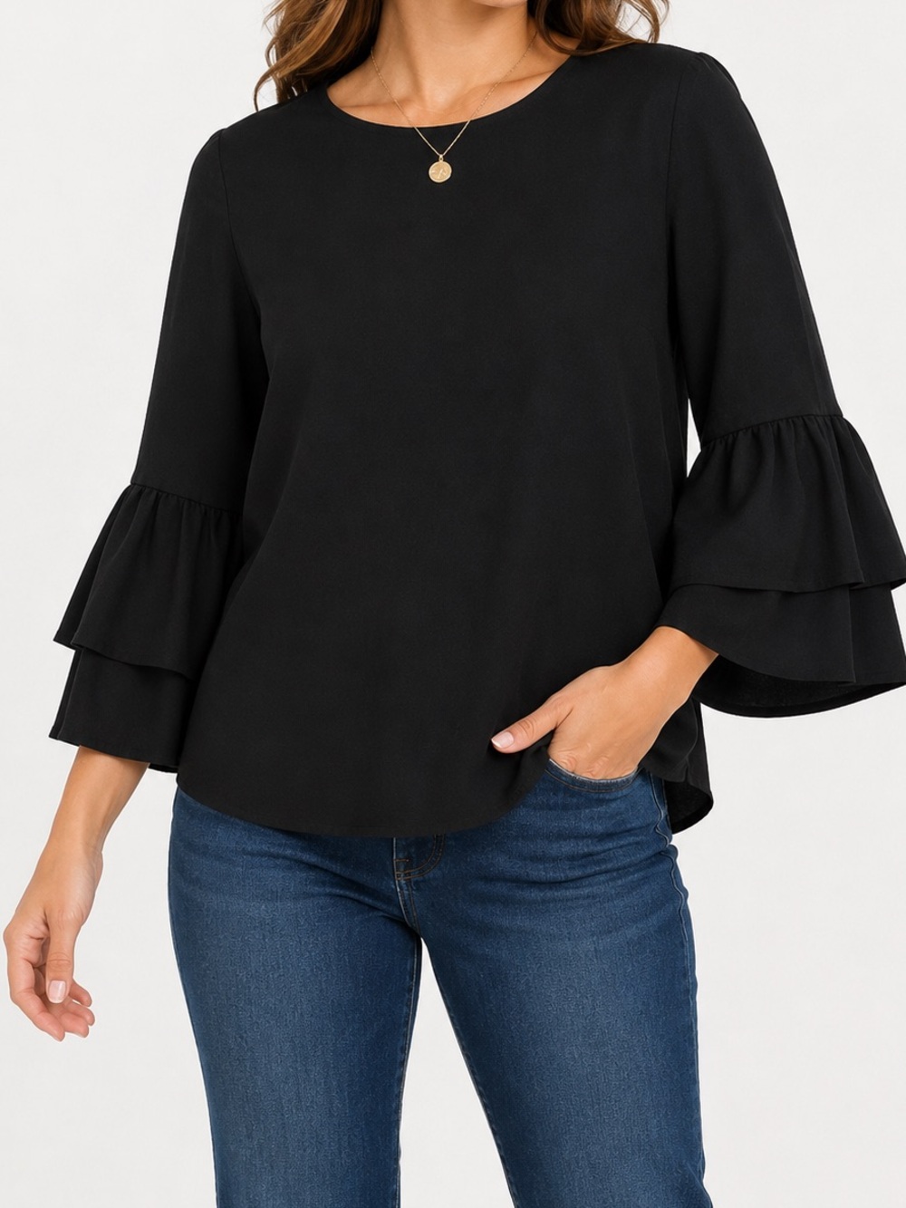 Marled Black Tiered Bell Sleeve Blouse Top Women’s Size Large